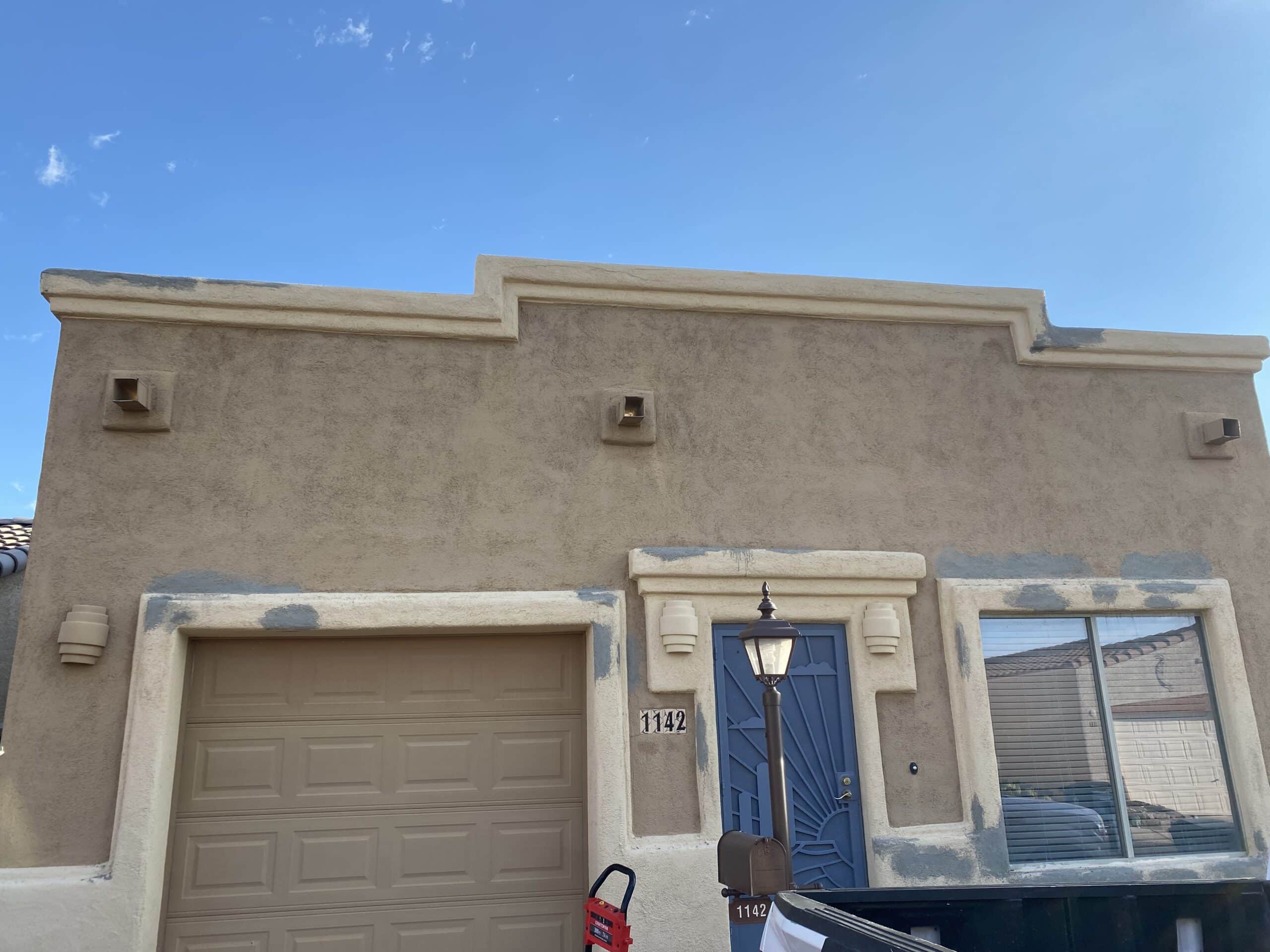 Photo Jul 07 2023, 6 56 53 AM Wood kitchen cabinets partially refinished to light gray, showing a before-and-after transformation by Red Door Painting Pros in Tucson.